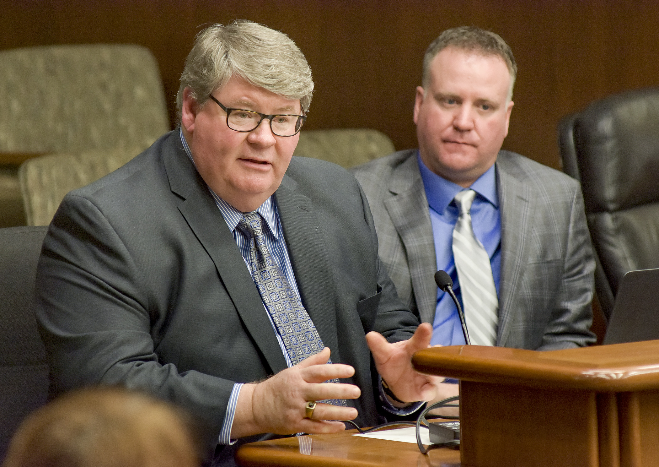 Michael Ziebell, left, general manager of the Tru Shrimp Company, and Brian Knochenmus, president and CEO of Ralco Nutrition, Inc., testify before the House Agriculture Policy Committee March 15 in support of a bill that would establish a shrimp production incentive program. Photo by Andrew VonBank